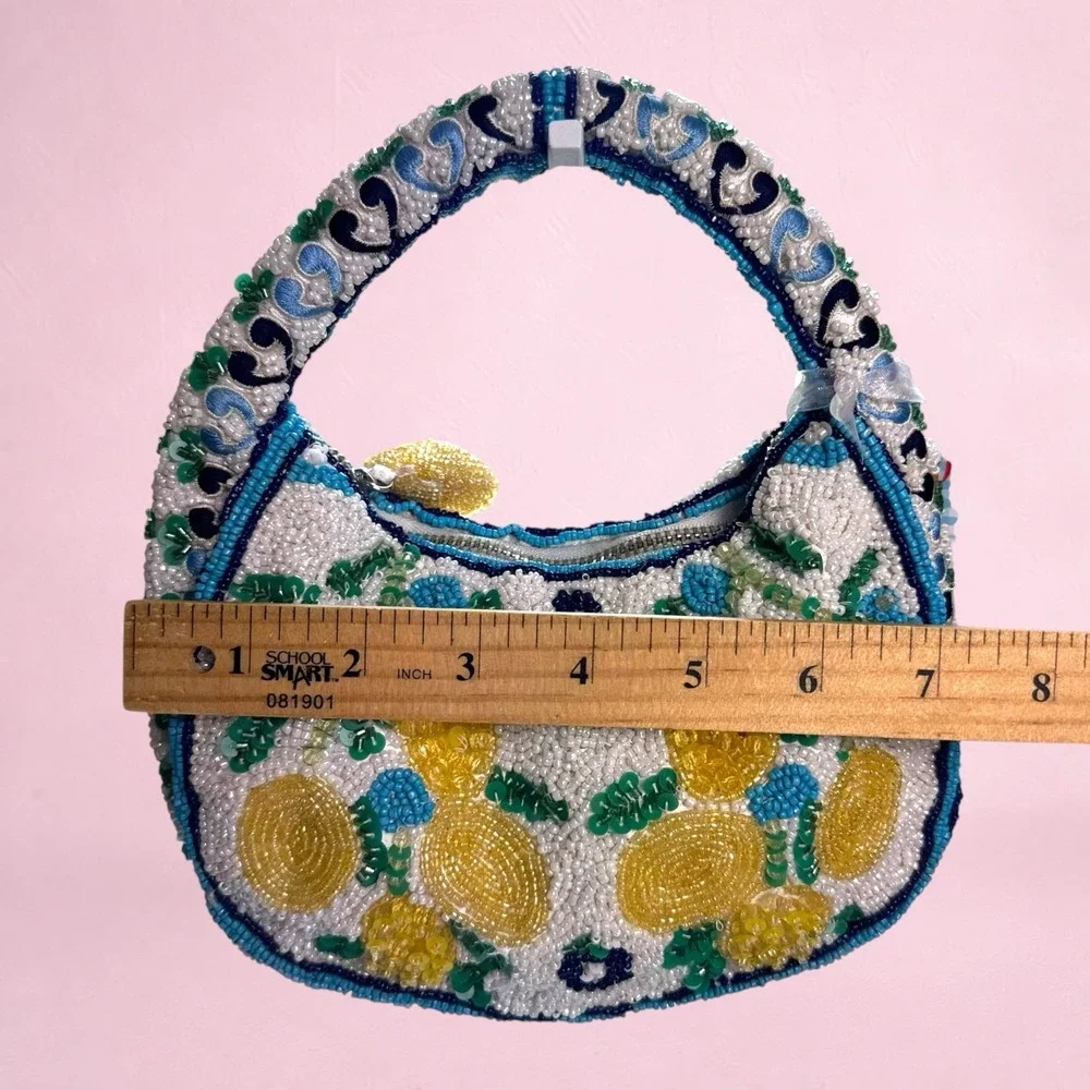 Handcrafted In India Lemon Beaded Tote Top Handle Bag Satchel Iridescent New